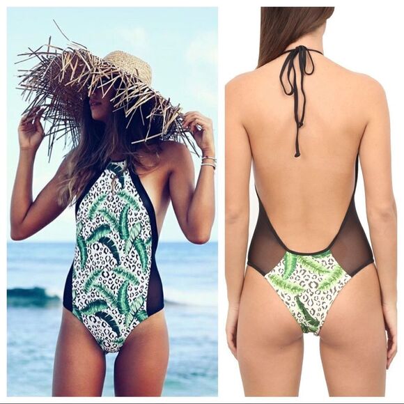 Issa De Mar Swimsuit Leopard Mesh Tropical Animal Print Medium Green Black - Picture 3 of 10